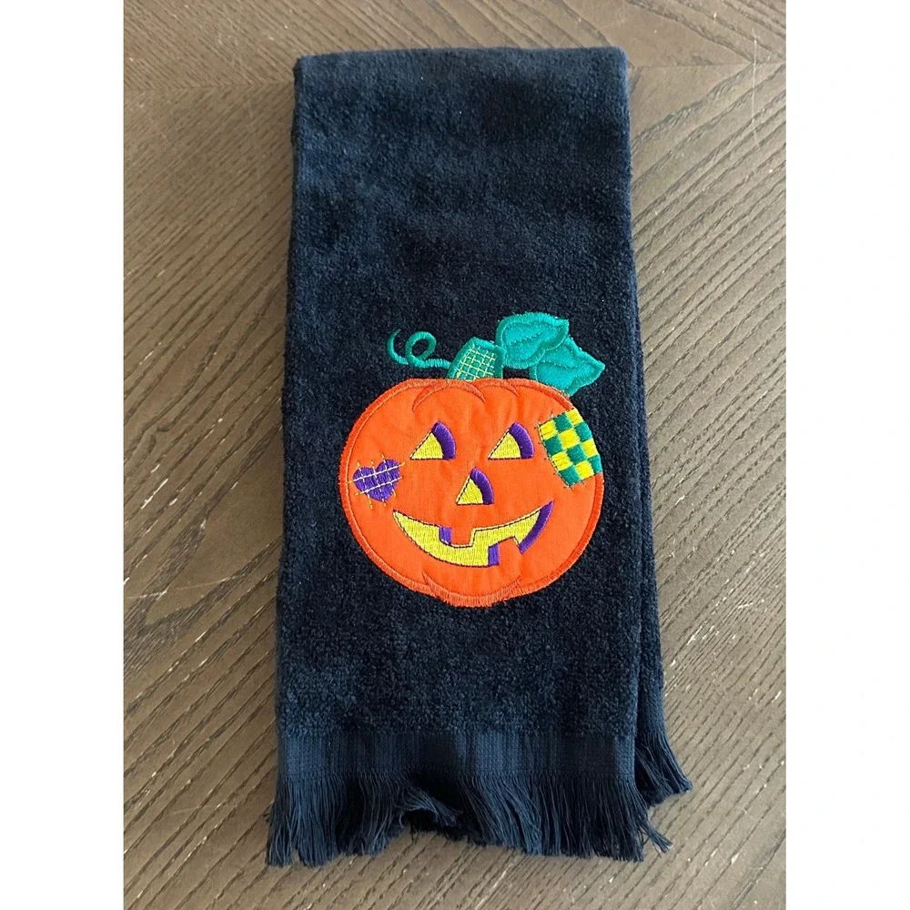 Halloween Black Cotton Hand Towel Embroidered Jack-O-Lantern Pumpkin Fringe Hem